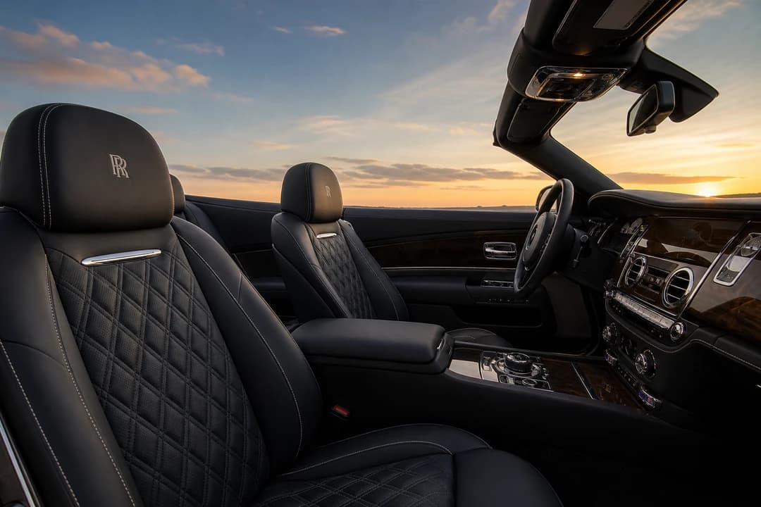 Rolls-Royce Dawn cabin and quilted seats for Rolls Royce Dawn hire Dubai open-top evenings