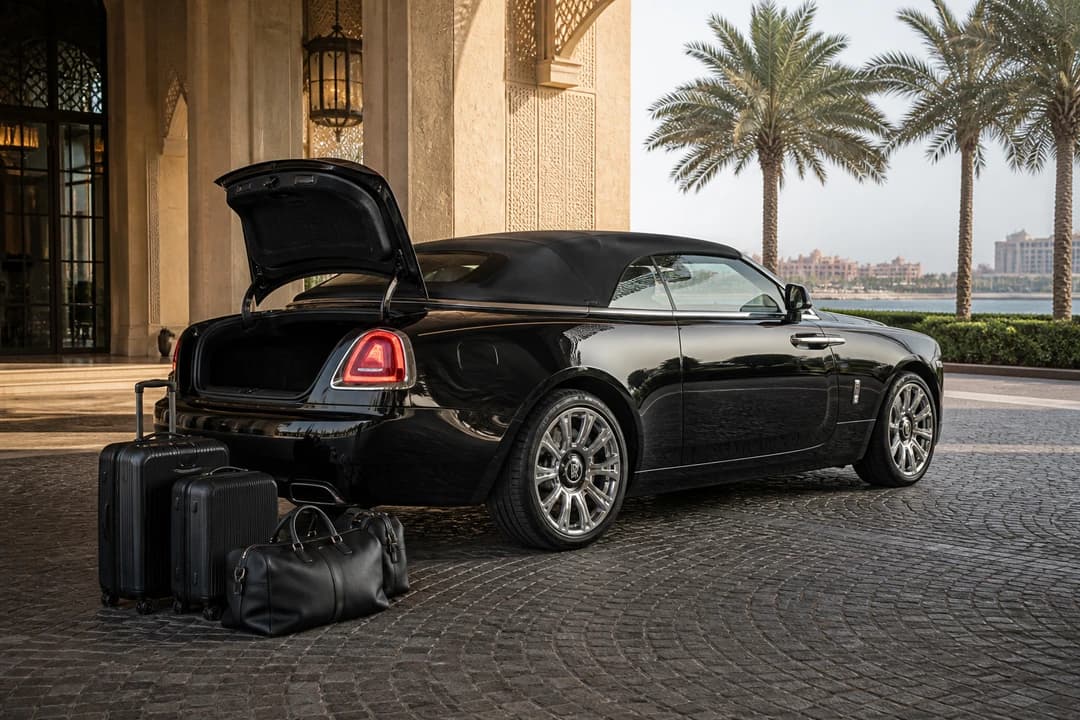 Rolls-Royce Dawn boot with soft bags at a Palm hotel for luxury car rental Dubai packing honesty