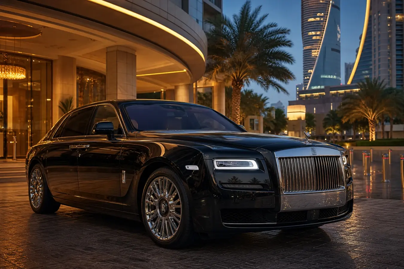 Rolls-Royce Ghost Series II rental Dubai guide hero at a five-star hotel porte-cochere at blue hour