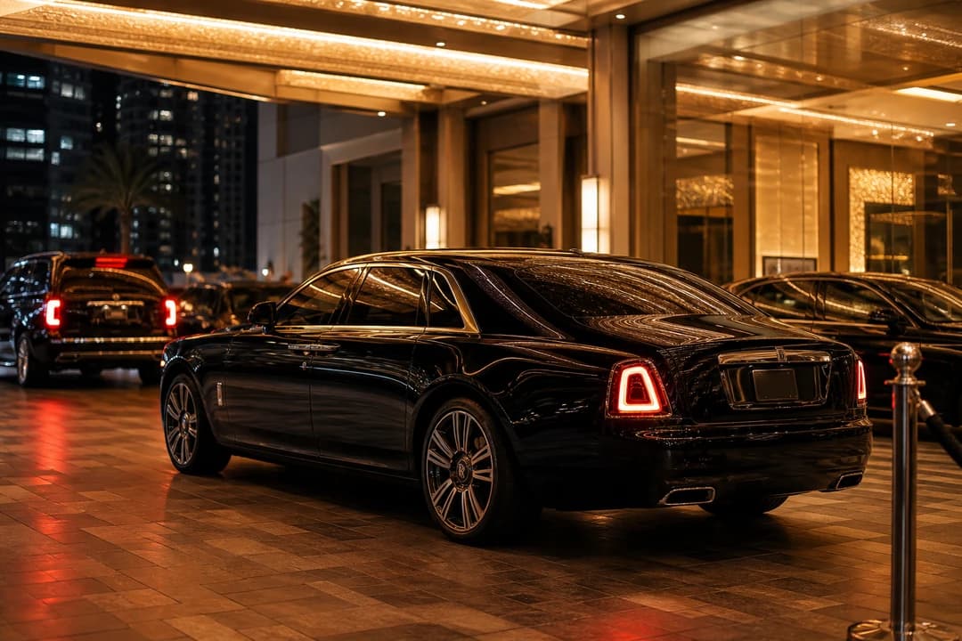 Rolls-Royce Ghost at a Downtown Dubai hotel valet line at night for supercar rental Dubai guests who actually need a saloon