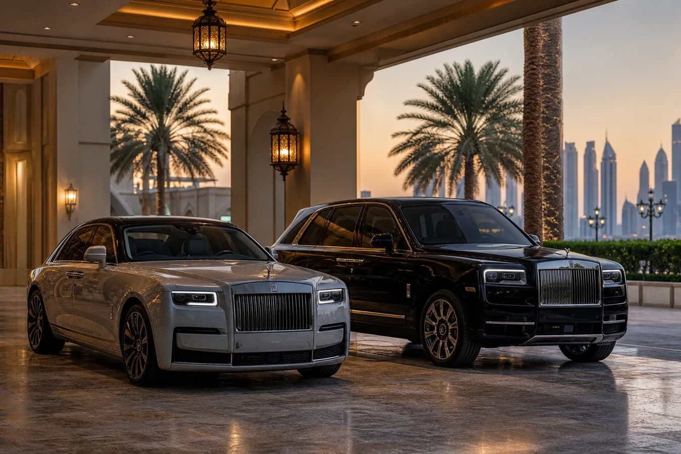 Rolls Royce Ghost vs Cullinan rental Dubai: Ghost sedan beside Cullinan SUV at a Dubai hotel porte-cochère at dusk