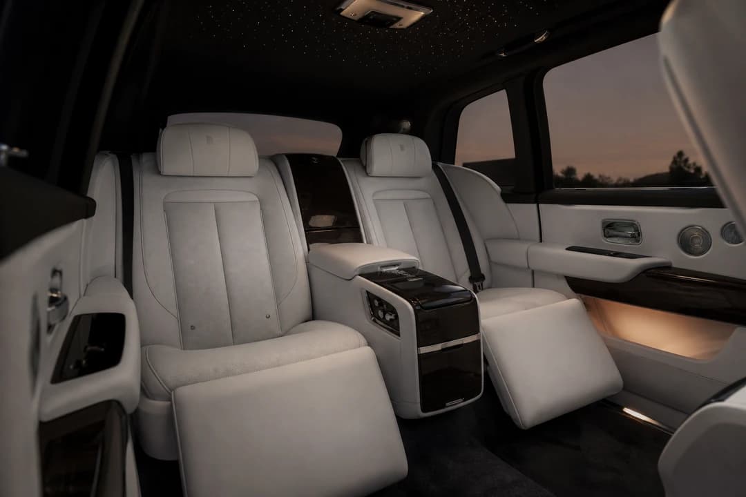 Rolls-Royce Cullinan rear cabin for best luxury car Dubai SUV comfort on a VIP week
