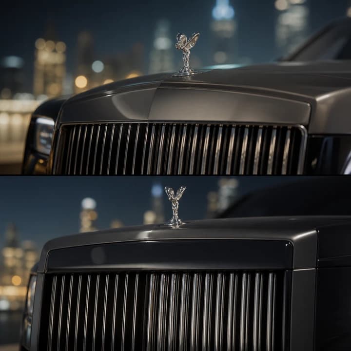 Rolls-Royce Pantheon grille detail for Rolls Royce Ghost vs Cullinan rental Dubai identity