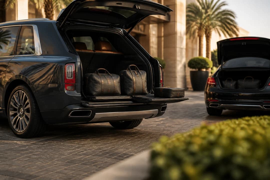 Cullinan open tailgate with soft luxury cases for luxury car hire Dubai packing versus sedan boot reality