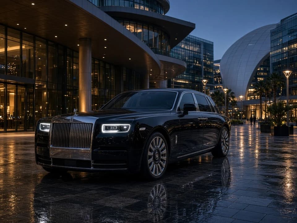 Rolls-Royce Phantom at Dubai Opera District at blue hour for luxury car rental Dubai VIP evenings