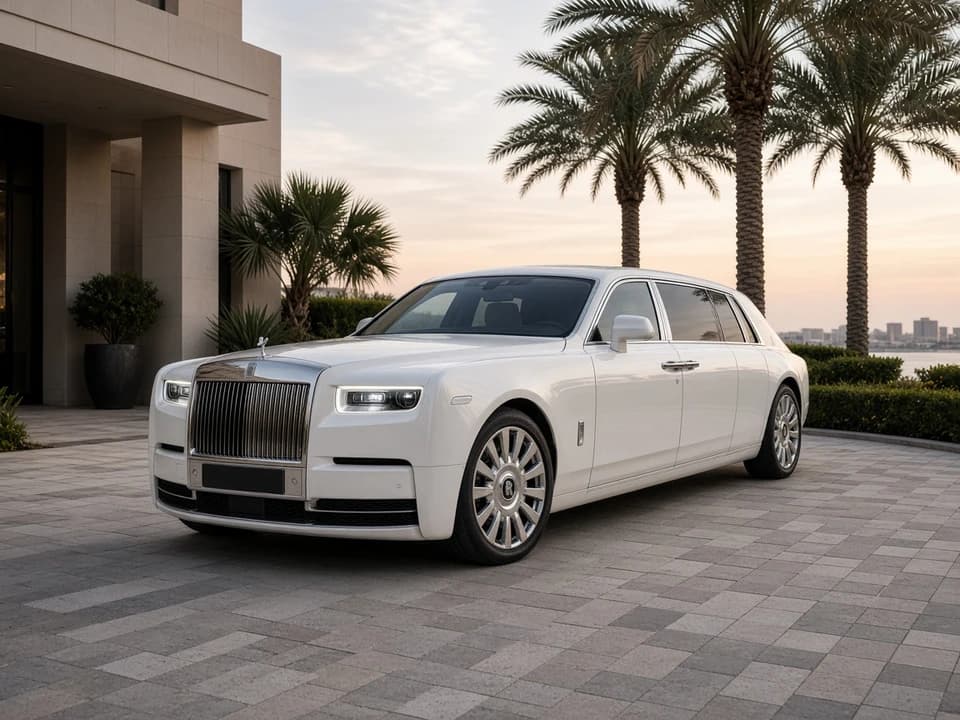 Rent Rolls-Royce Phantom Dubai: white Phantom on a Palm Jumeirah villa driveway at dawn