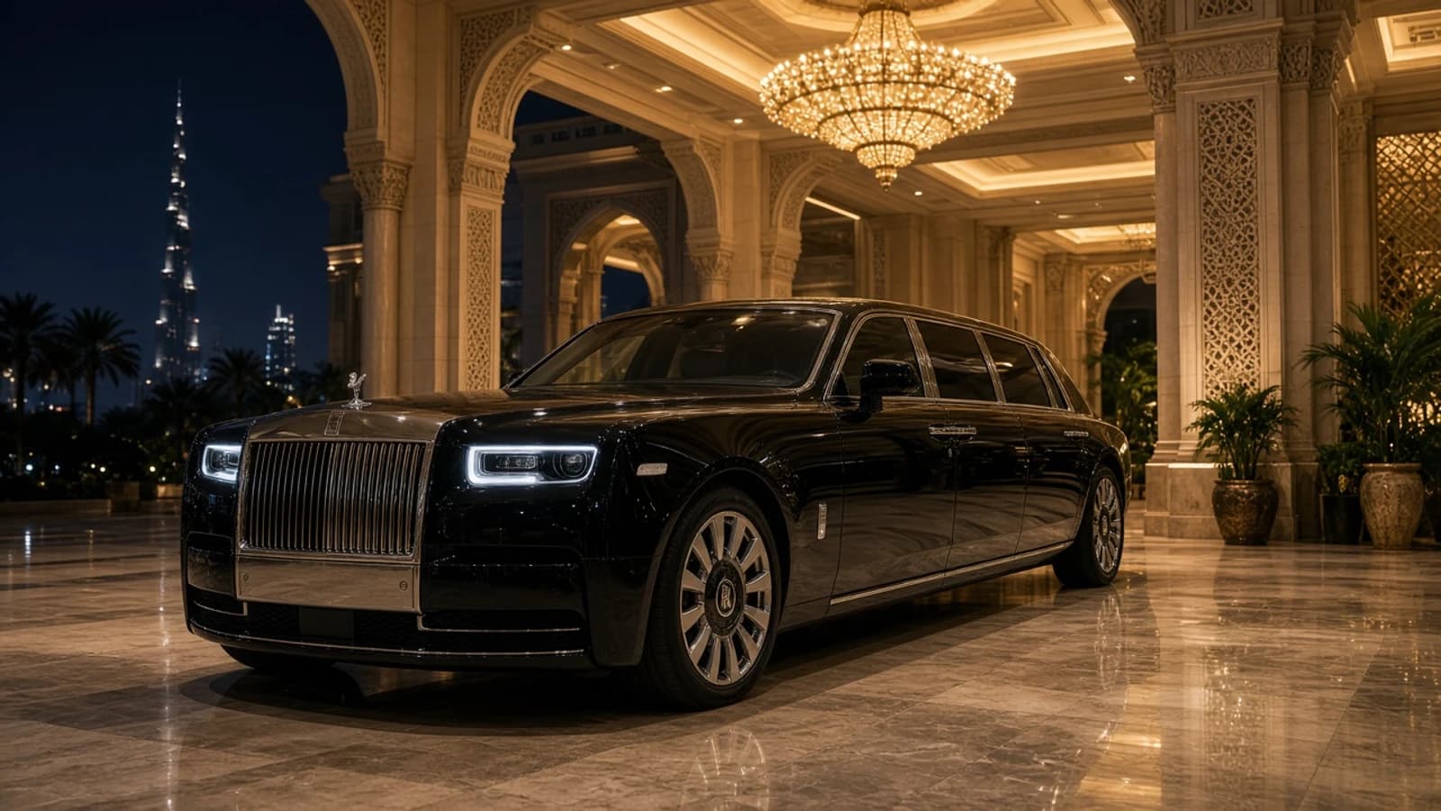 Rolls-Royce Phantom rental Dubai hero with a black Phantom at a palace hotel porte-cochère at night