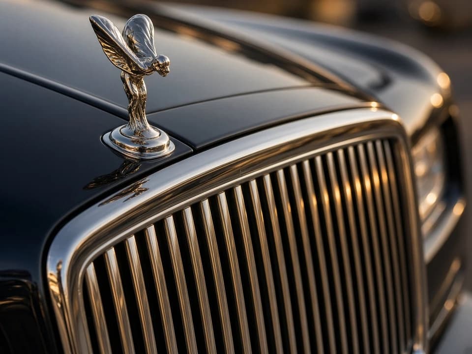 Rolls-Royce Phantom Pantheon grille and Spirit of Ecstasy detail for Rolls-Royce Phantom rental Dubai identity