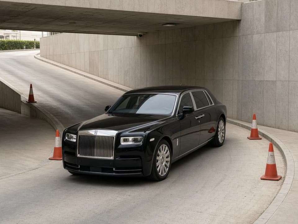 Long Phantom limousine at a Dubai hotel basement ramp for exotic car rental Dubai parking honesty