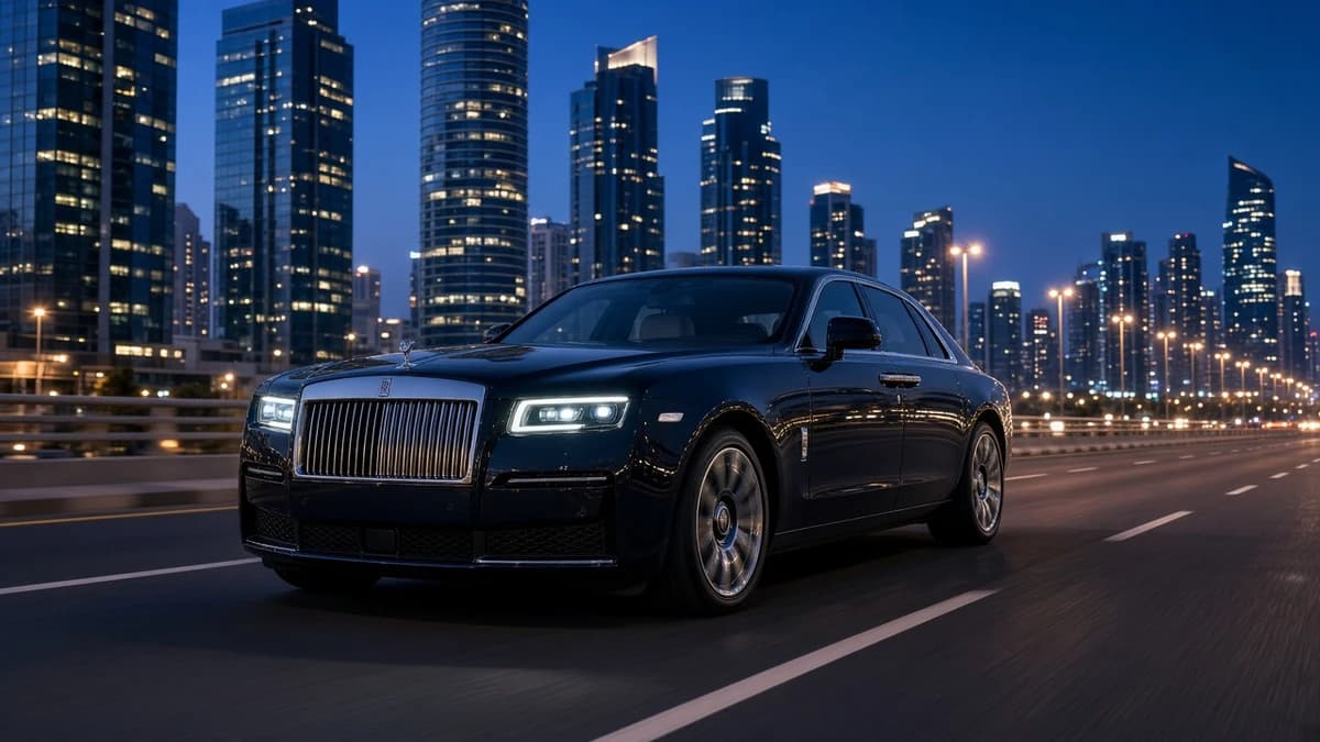 Rolls-Royce Ghost Series II on Sheikh Zayed Road at blue hour for luxury car rental Dubai business hops
