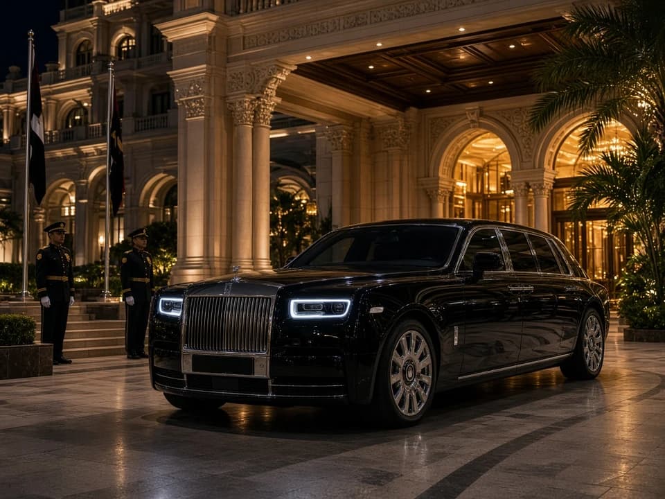 Rolls-Royce Phantom rental Dubai: black Phantom at a palace hotel entrance for celebration arrivals