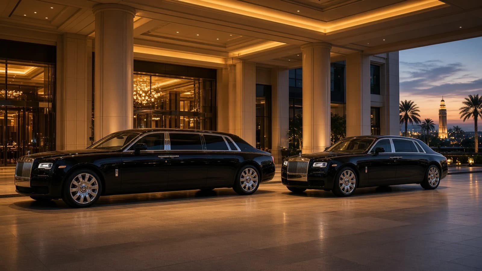 Rolls-Royce Phantom vs Ghost Dubai: long Phantom limousine beside Ghost Series II at a five-star hotel porte-cochère at dusk
