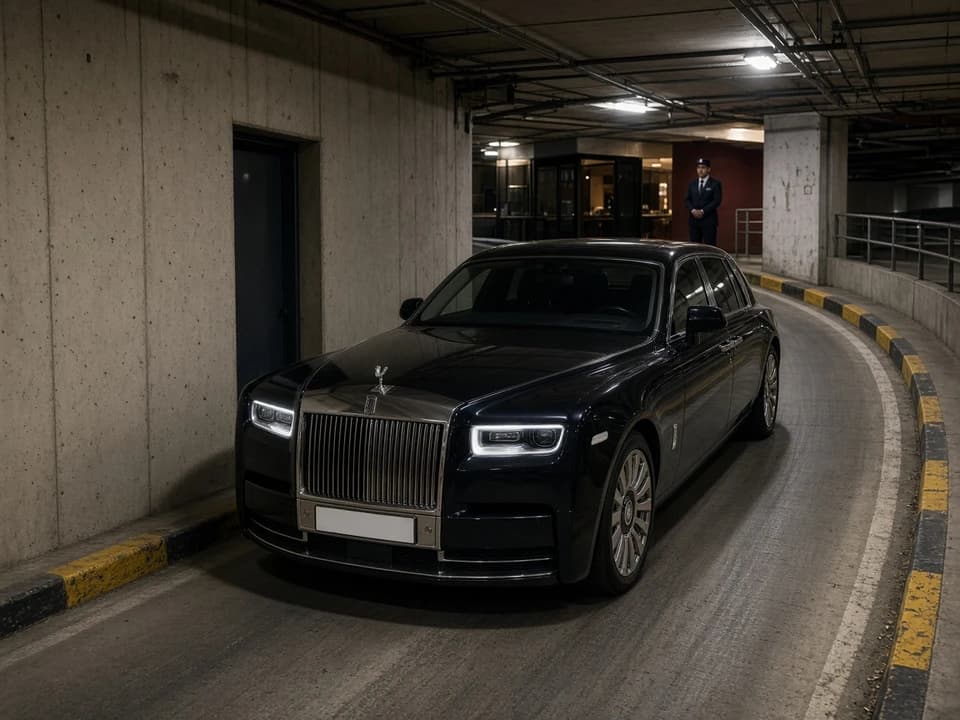 Long Phantom overhang at a Dubai hotel basement ramp for exotic car rental Dubai parking honesty