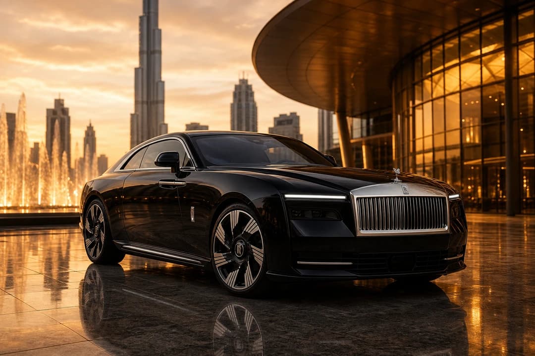 Rolls-Royce Spectre at Dubai Opera plaza for Rolls-Royce car rental Dubai VIP cultural evenings
