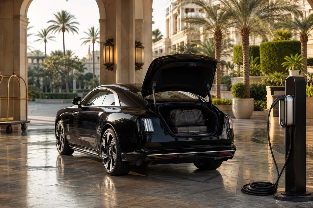 Rolls-Royce Spectre boot with soft bags and hotel EV charger for luxury electric car rental Dubai packing