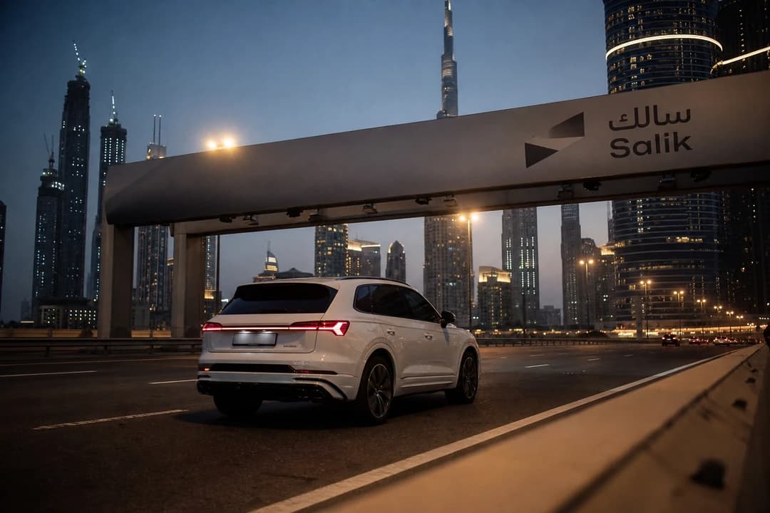 Dubai driving rules: white luxury SUV under a Salik gantry on an elevated Dubai expressway at blue hour
