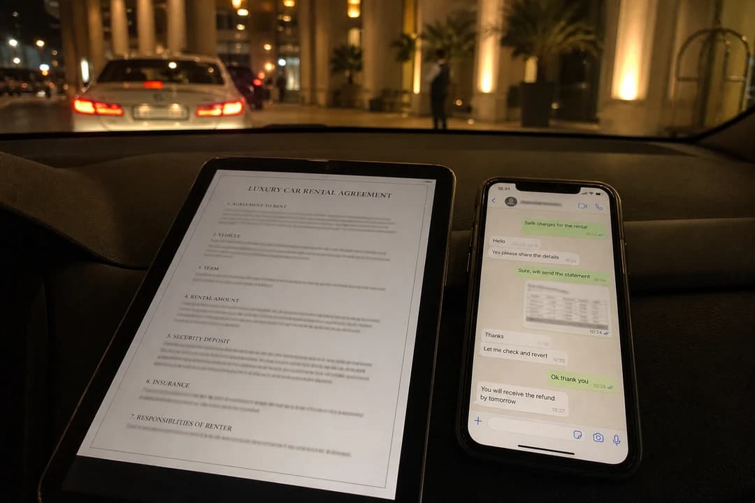 Rental car Dubai hire confirmation on a tablet beside WhatsApp notes about Salik billing for luxury car hire Dubai