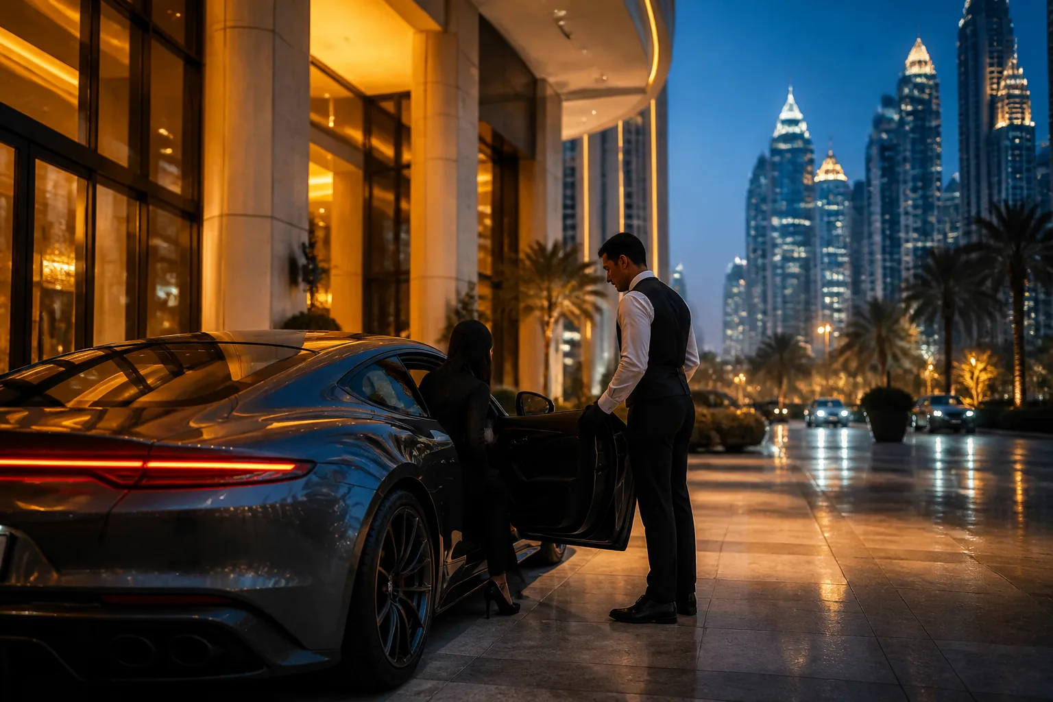 Supercar rental Dubai evening at a hotel valet after a same-day luxury hold in Dubai