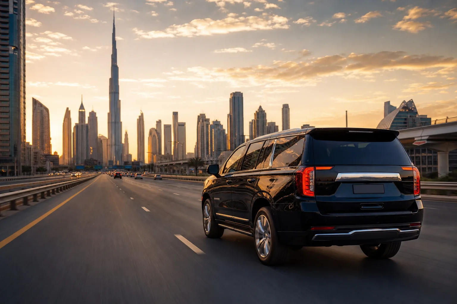 Luxury SUV on Sheikh Zayed Road toward Downtown Dubai for same-day luxury car rental Dubai delivery movement