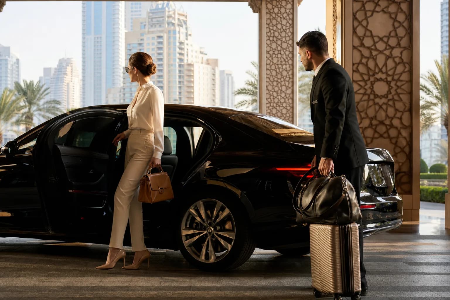 Same day luxury car rental Dubai hero with dark sedan at a Marina hotel porte-cochère ready for fast handover