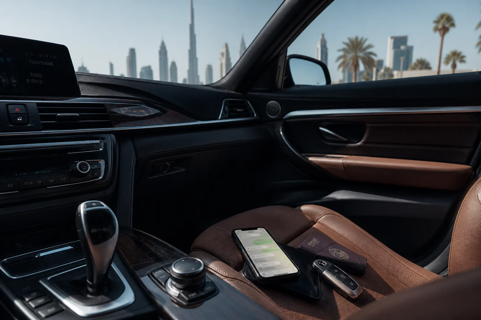 Luxury cabin with phone ready for WhatsApp same day luxury car rental Dubai booking confirmation