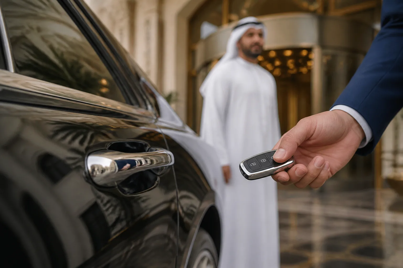 Luxury car key fob and door handle at a Dubai hotel entrance for same-day handover detail