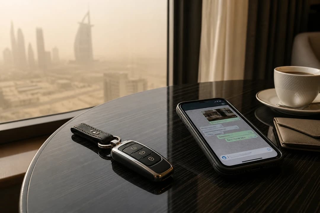 Rental car Dubai hire WhatsApp thread open beside keys after delaying a luxury car hire Dubai trip for a sandstorm advisory