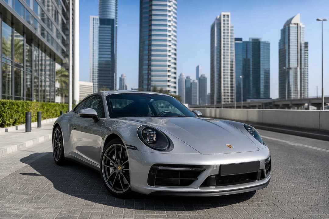 Porsche 911 beside Dubai towers for best cars to rent Dubai on Sheikh Zayed Road loops
