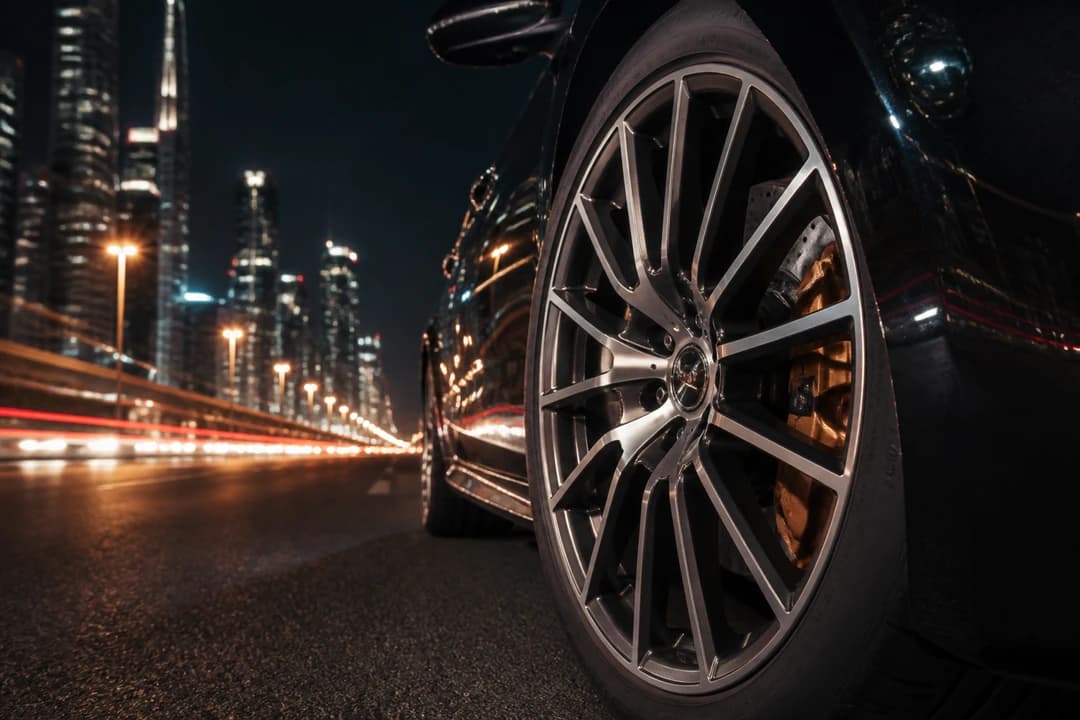 AMG wheel detail with Sheikh Zayed Road light trails for UAE road trip rental evenings