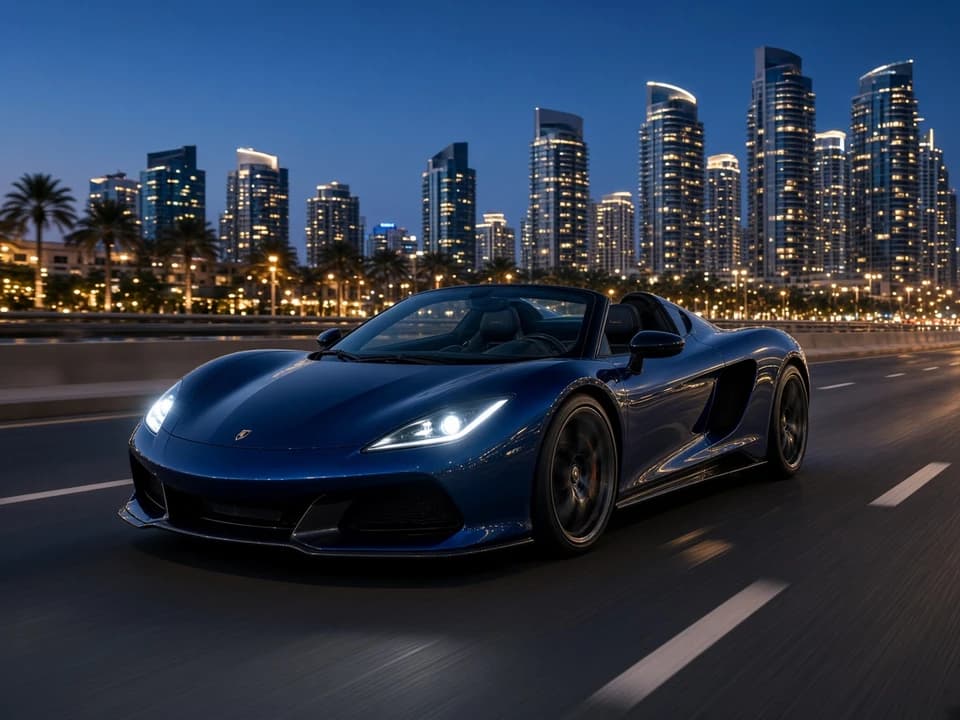 Retractable hardtop supercar on JBR after sunset for supercar rental Dubai summer evening loops