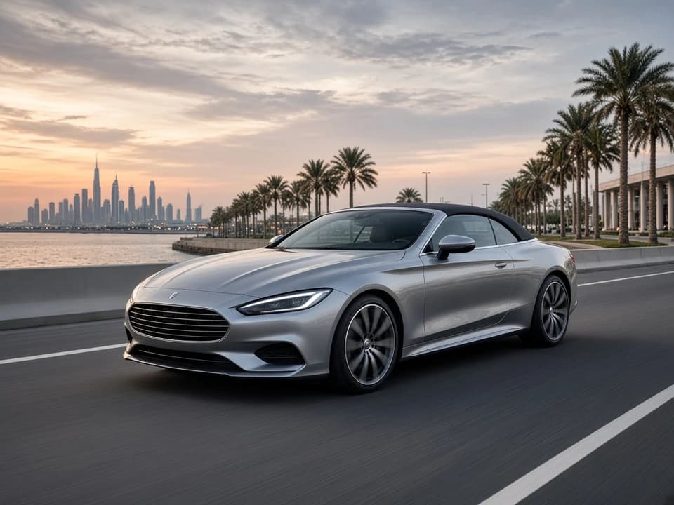 Fabric soft-top luxury convertible closed for Dubai car hire summer night coastal composure