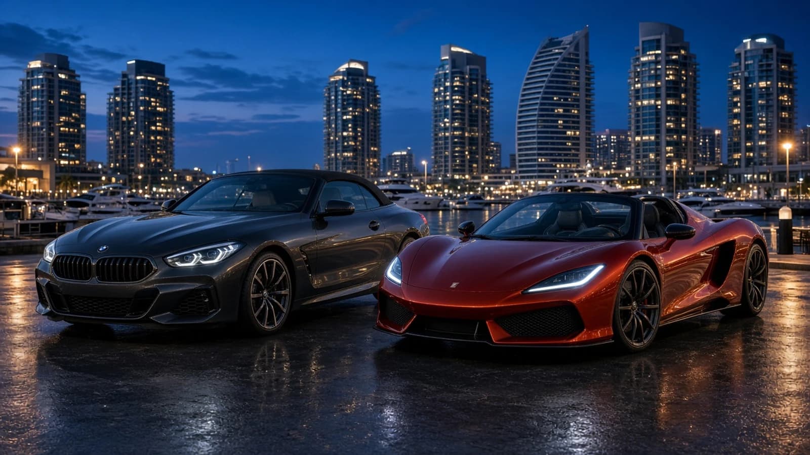 Soft top vs hardtop convertible Dubai: fabric soft-top cabriolet and retractable-hardtop spider at Marina blue hour