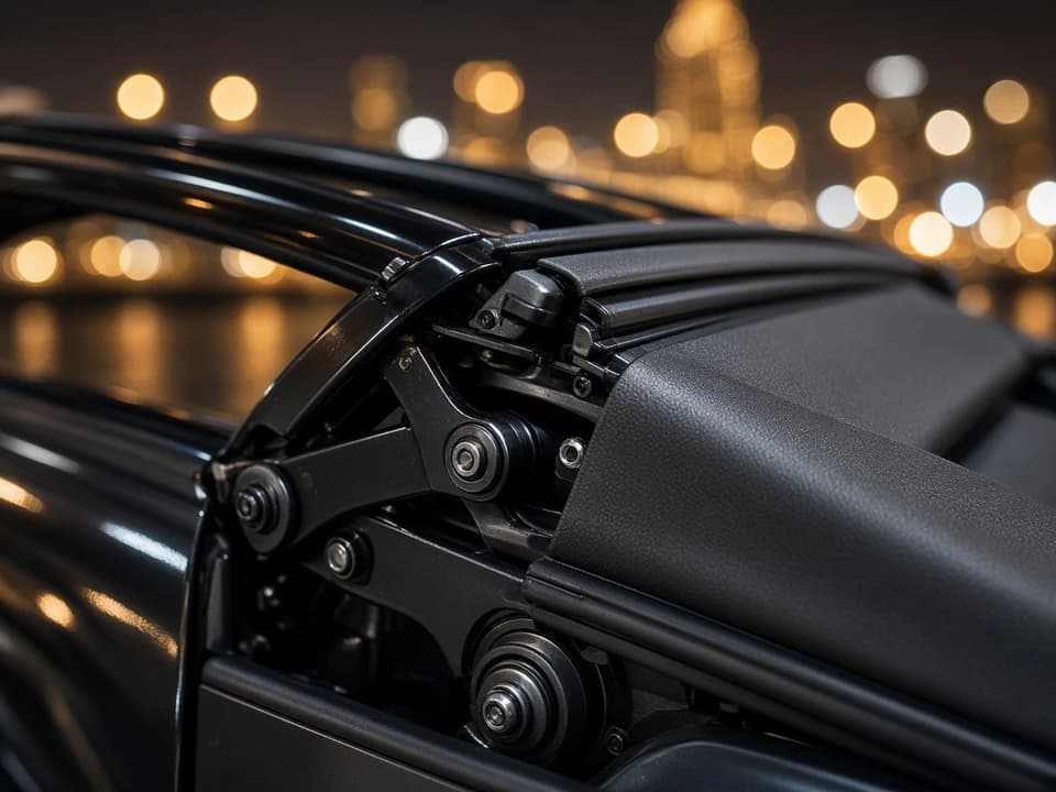 Convertible roof mechanism detail under Dubai night lights for soft top vs hardtop convertible Dubai identity