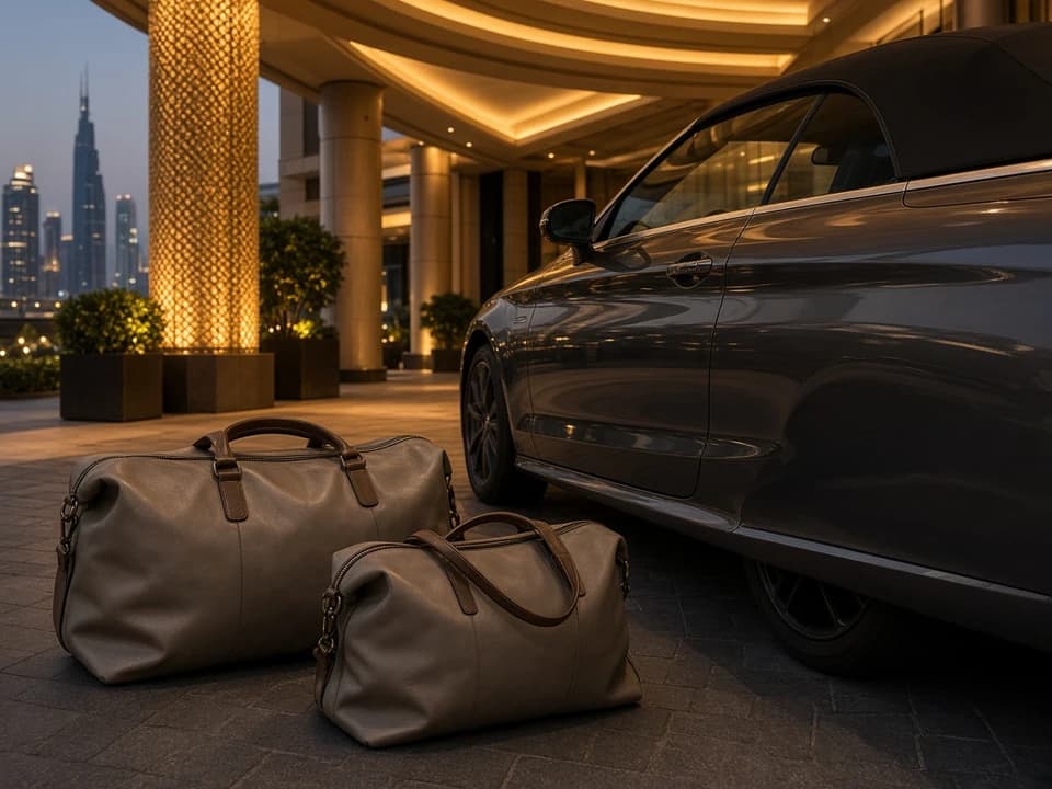 Soft bags beside open convertible roofs at a Dubai hotel driveway for best cars to rent Dubai summer packing