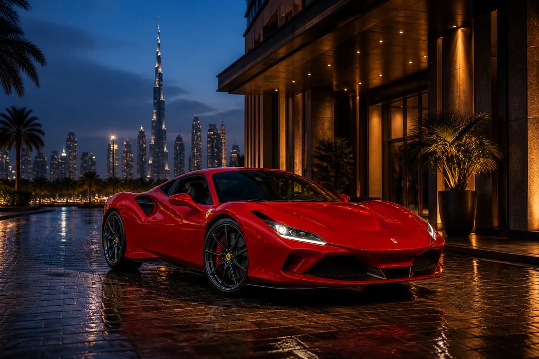 Ferrari F8 Tributo at Downtown Dubai hotel valet for best luxury car Dubai theatrical arrivals