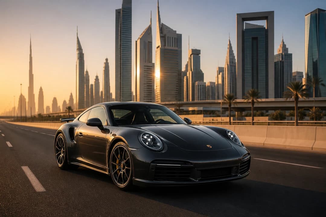 Porsche 911 Turbo S on Sheikh Zayed Road for luxury car comparison Dubai sports car daily usability