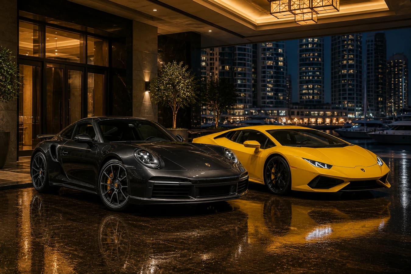 Sports car vs supercar rental Dubai hero with Porsche 911 and Lamborghini Huracan at a Marina hotel porte-cochere