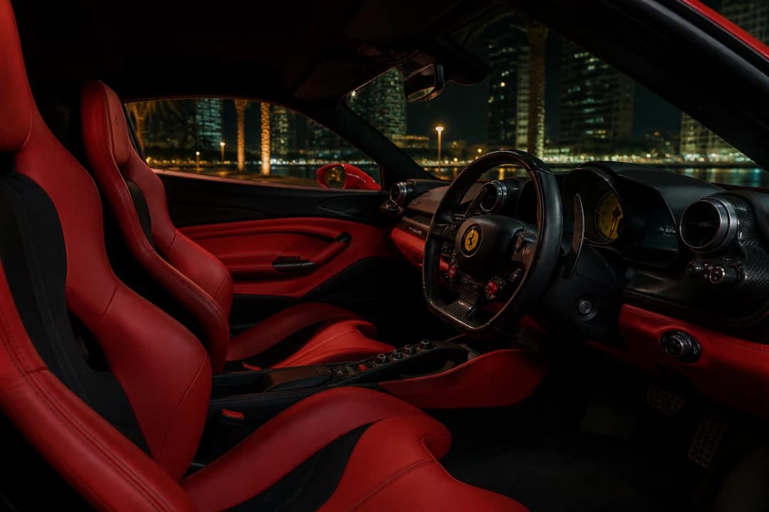 Ferrari F8 Tributo cockpit for supercar rental Dubai mid-engine theatre and cabin drama
