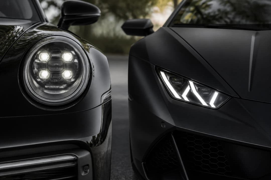 Porsche 911 and Lamborghini Huracan headlight detail for sports car vs supercar rental Dubai identity