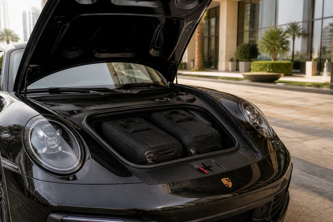 Porsche 911 front boot with soft weekend bags for luxury car hire Dubai packing reality