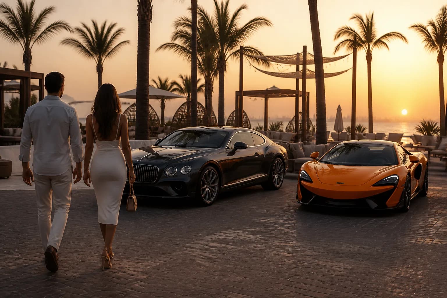 Supercar and grand tourer parked side by side at a Dubai resort sunset for best luxury car Dubai choice