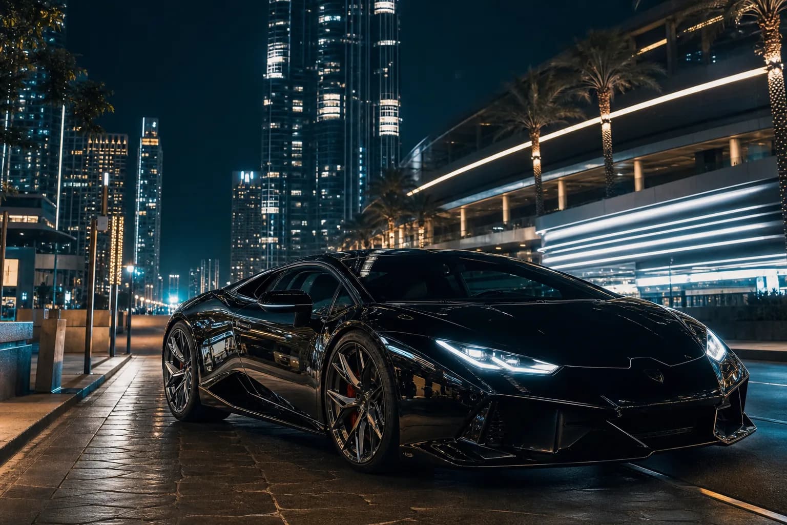Mid-engine supercar on a Downtown Dubai street at night for supercar rental Dubai theatre