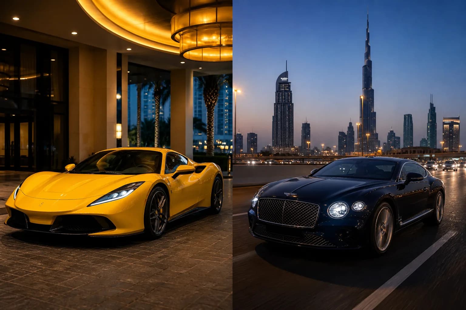 Supercar vs grand tourer rental Dubai hero with mid-engine exotic and Bentley-style coupe at dusk