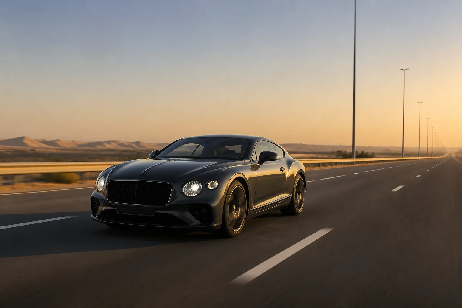 Bentley Continental GT style grand tourer on a UAE dual carriageway for long-distance luxury car hire Dubai