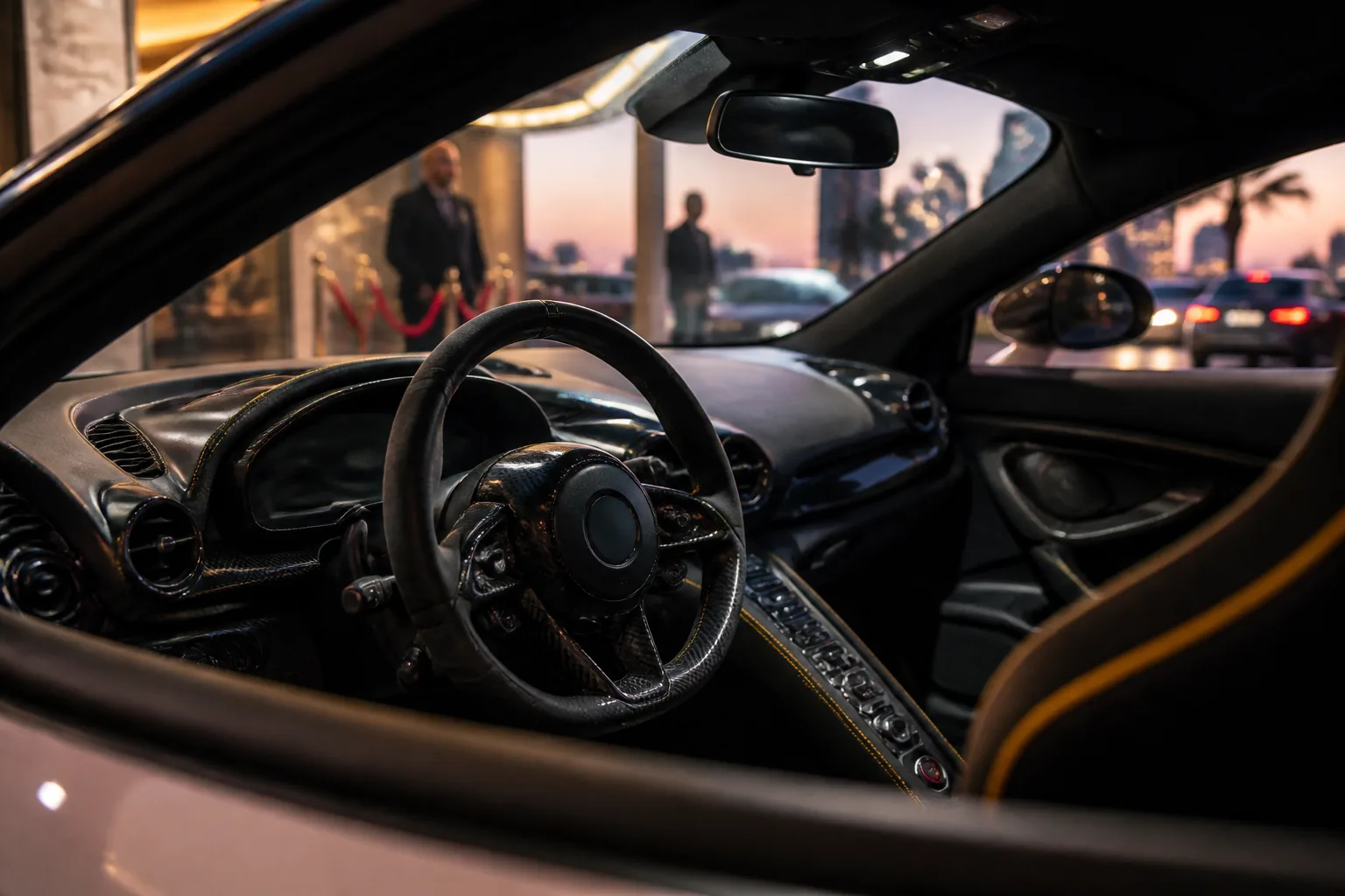 Supercar cockpit carbon detail for supercar vs grand tourer rental Dubai identity contrast