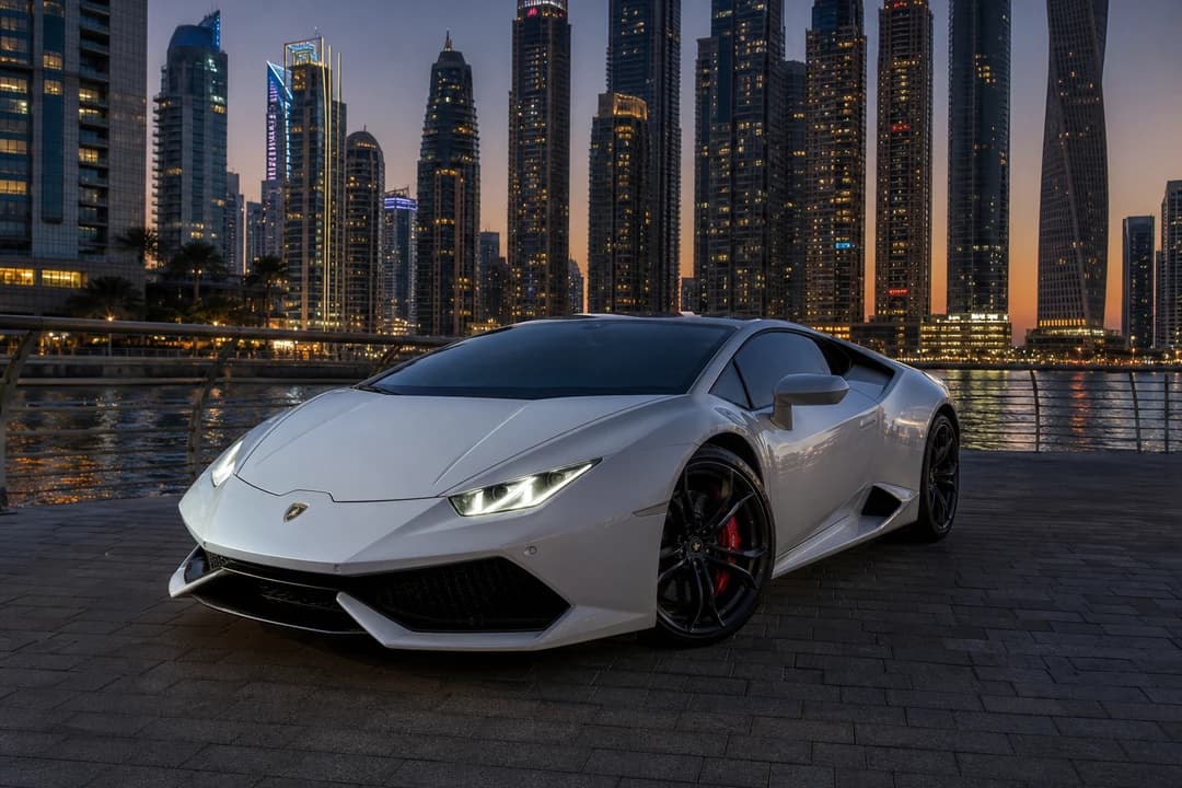 Supercar coupe on Dubai Marina waterfront for supercar or SUV Dubai evening plans