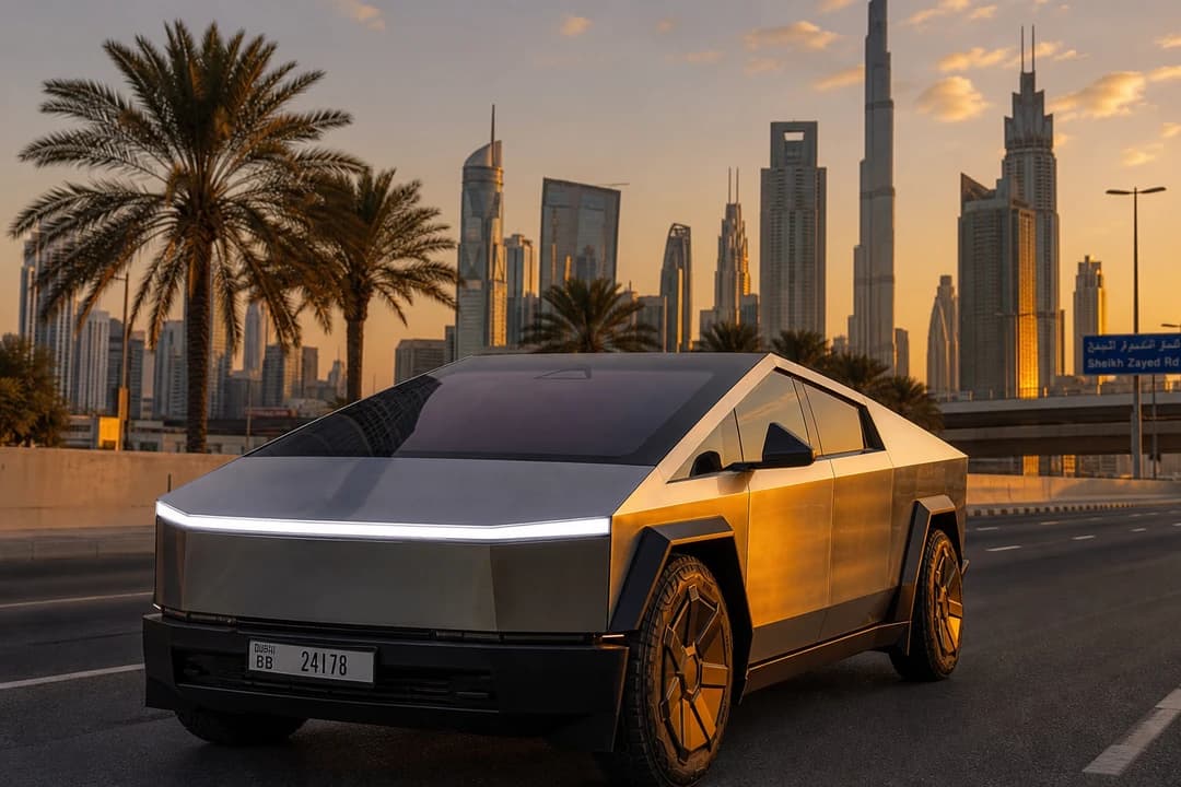 Tesla Cybertruck exterior on Sheikh Zayed Road at golden hour with palm trees and downtown towers in the background