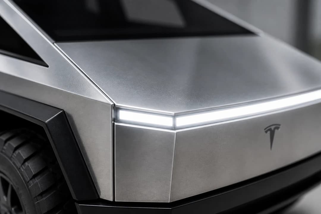 Tesla Cybertruck model detail close-up of angular stainless-steel body panel junction with continuous LED light bar and Tesla badge