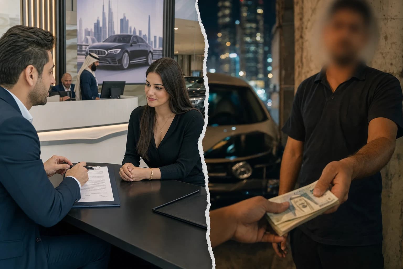 Dubai car rental scam warning scene with licensed operator verification before payment