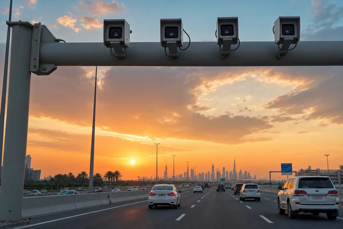 Dubai motorway radar gantry and rental car demonstrating monitored speed corridor